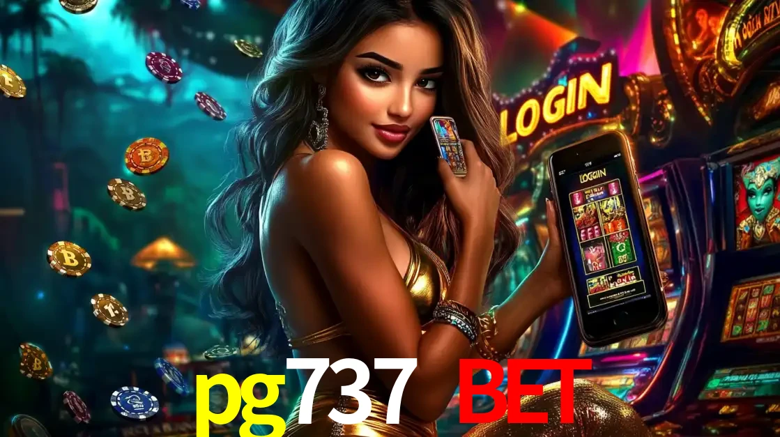 Mulher em um cenário de cassino temático de aventura, mostrando o app de caça-níqueis da pg737 bet no celular. Fichas de apostas flutuam ao redor.