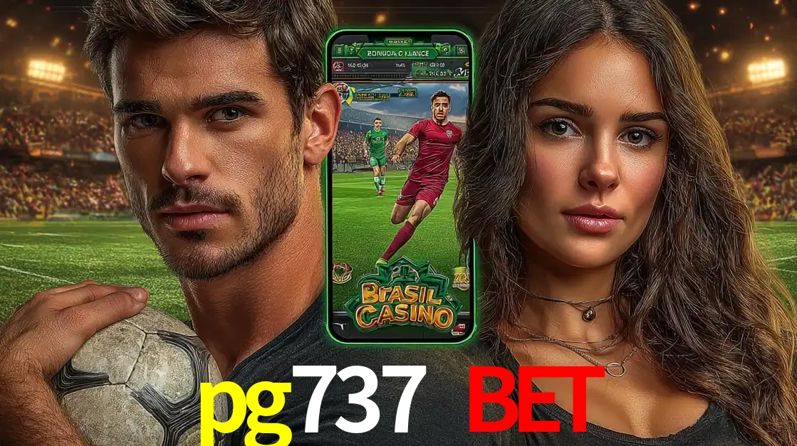 Homem segurando uma bola de futebol e uma mulher ao lado de um smartphone exibindo o jogo de apostas esportivas da pg737 bet. Faça seu palpite no cassino online.